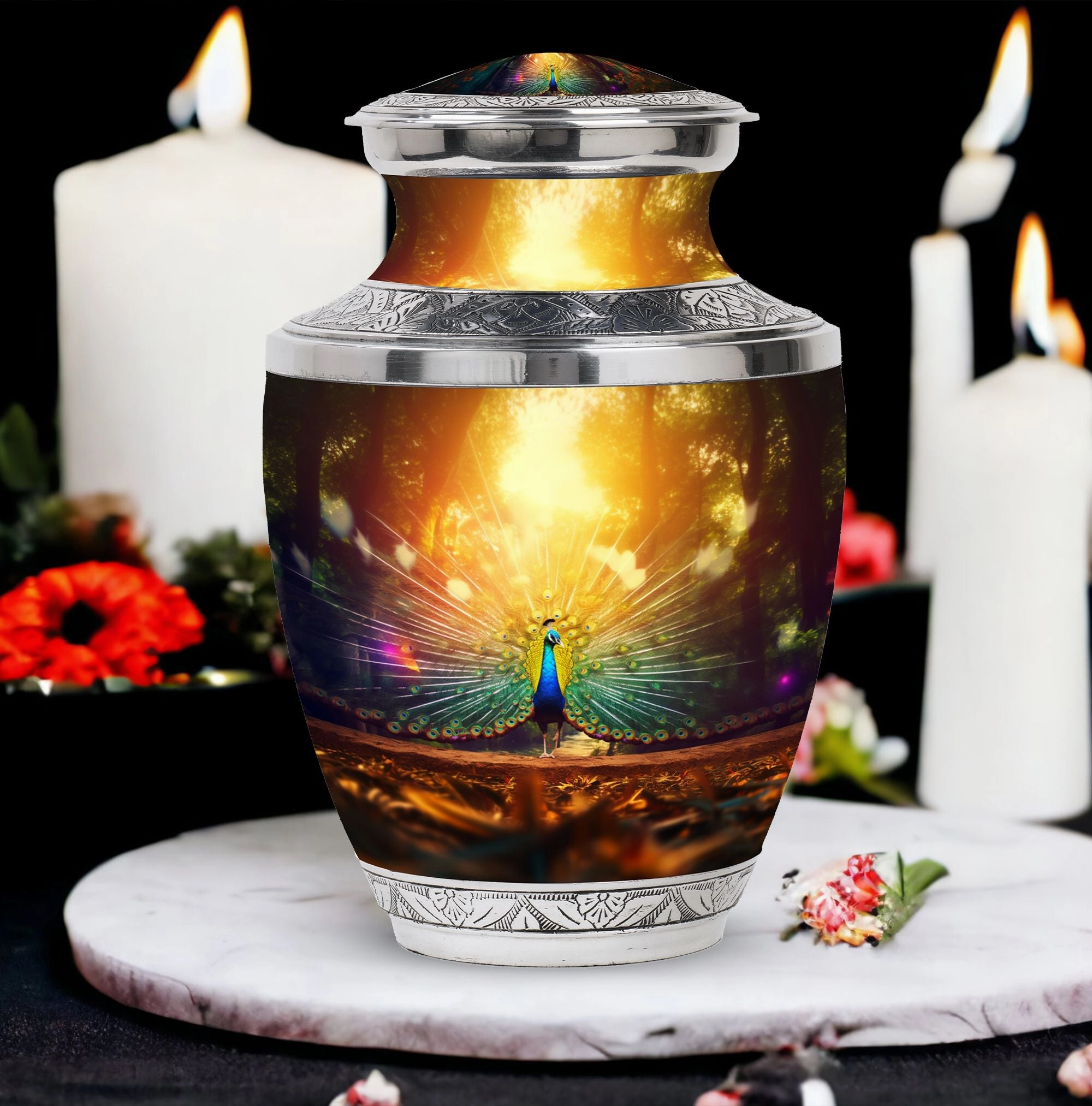 Elegant Peacock Celebration: Precious Memorial Cremation Urn