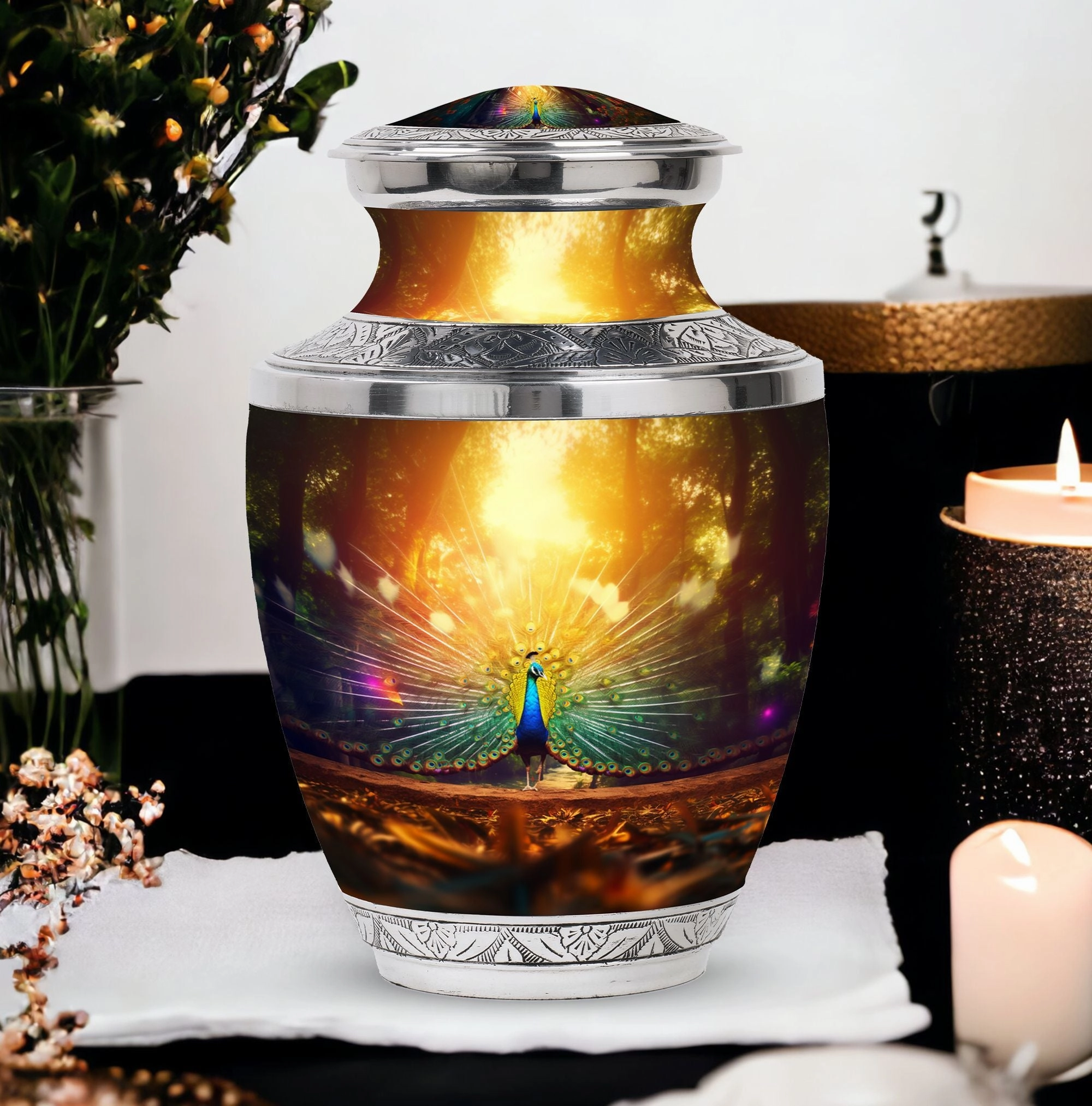 Elegant Peacock Celebration: Precious Memorial Cremation Urn