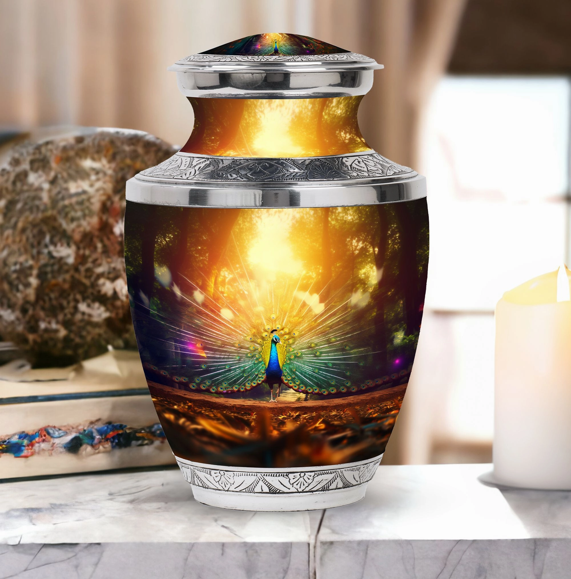Elegant Peacock Celebration: Precious Memorial Cremation Urn