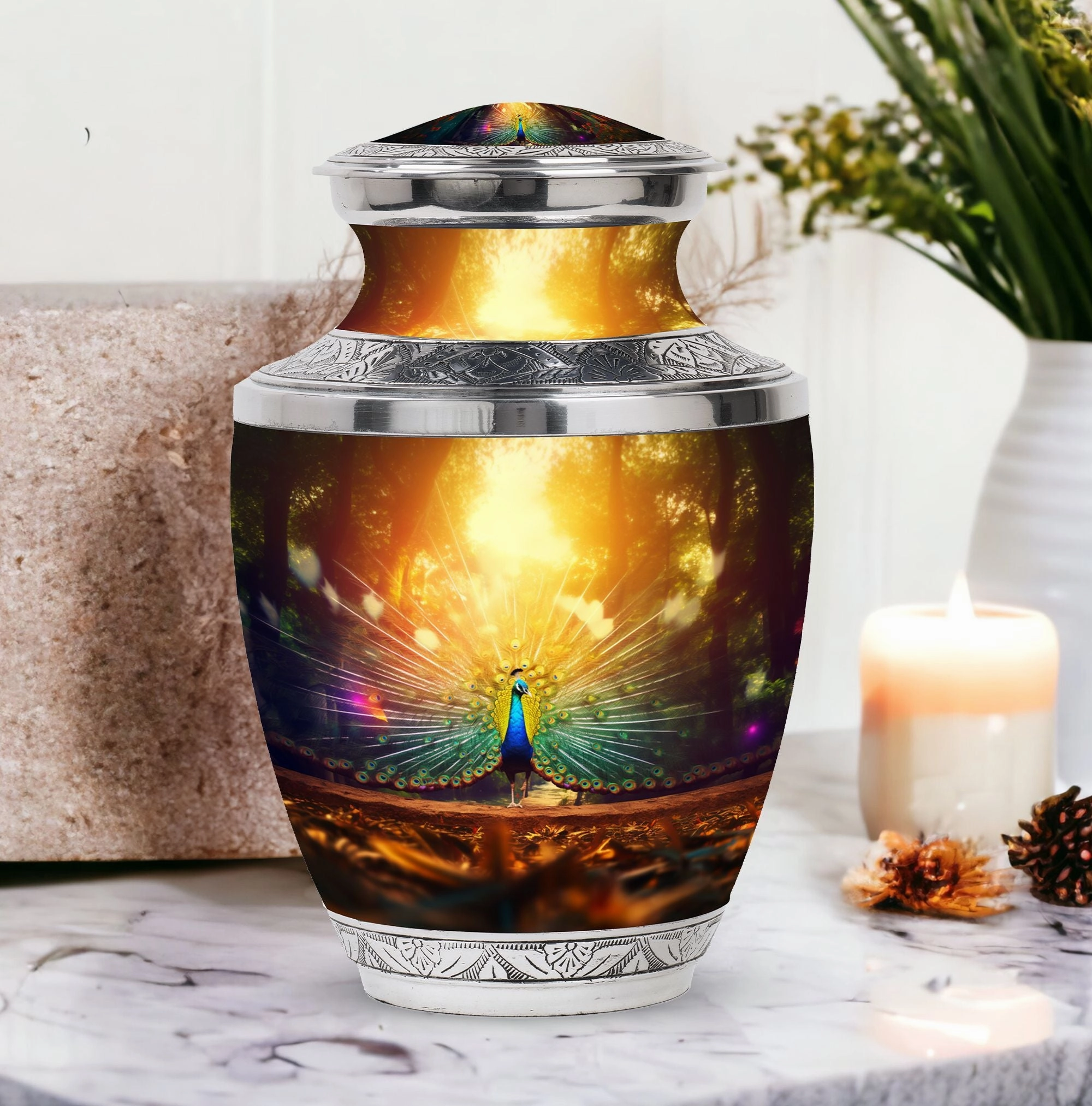 Elegant Peacock Celebration: Precious Memorial Cremation Urn