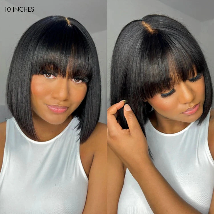 Supreme 13A Celebrity Grade 100% Unprocessed Human Hair Straight Bob Wig with Bangs 10 Wig- Monique