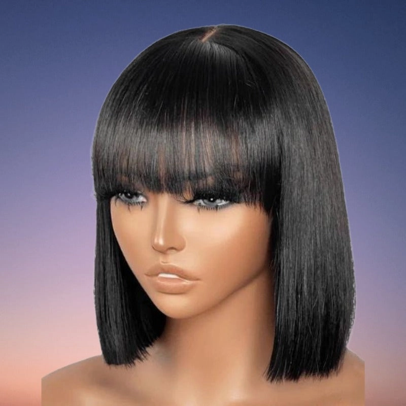 Supreme 13A Celebrity Grade 100% Unprocessed Human Hair Straight Bob Wig with Bangs 10 Wig- Monique