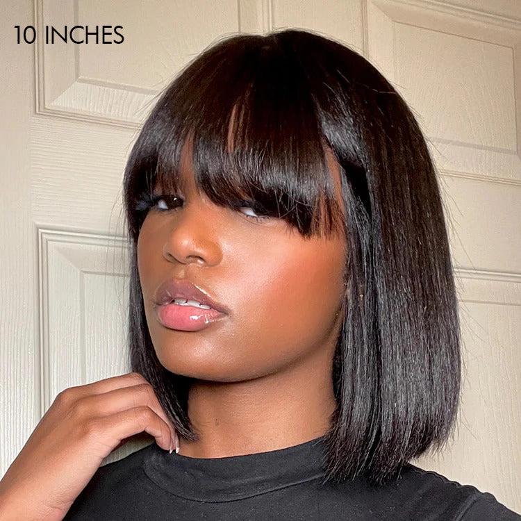 Supreme 13A Celebrity Grade 100% Unprocessed Human Hair Straight Bob Wig with Bangs 10 Wig- Monique