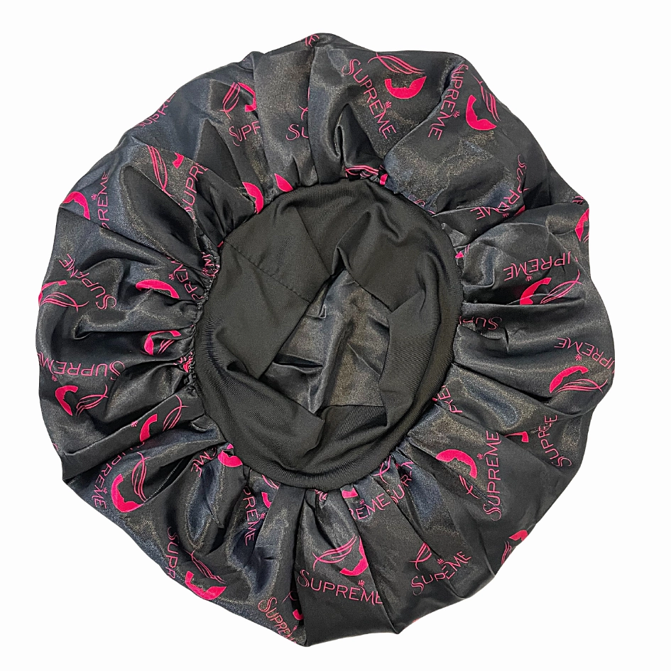 Supreme Hair & Beauty Silky Satin Day & Night Reversible Bonnet- Black & Pink