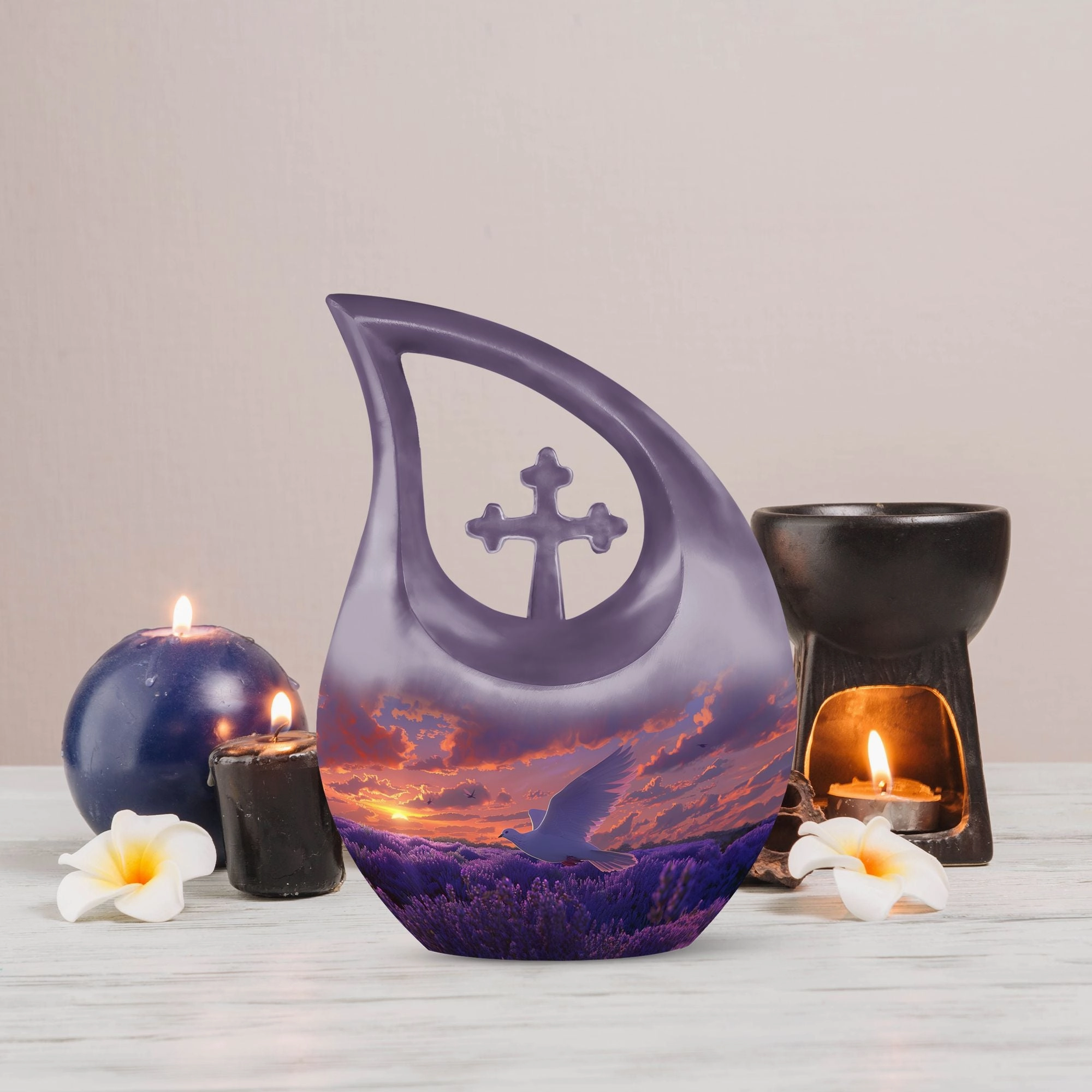 White Dove On Purple Embrace, Angelic Memorial Urn For Ashes