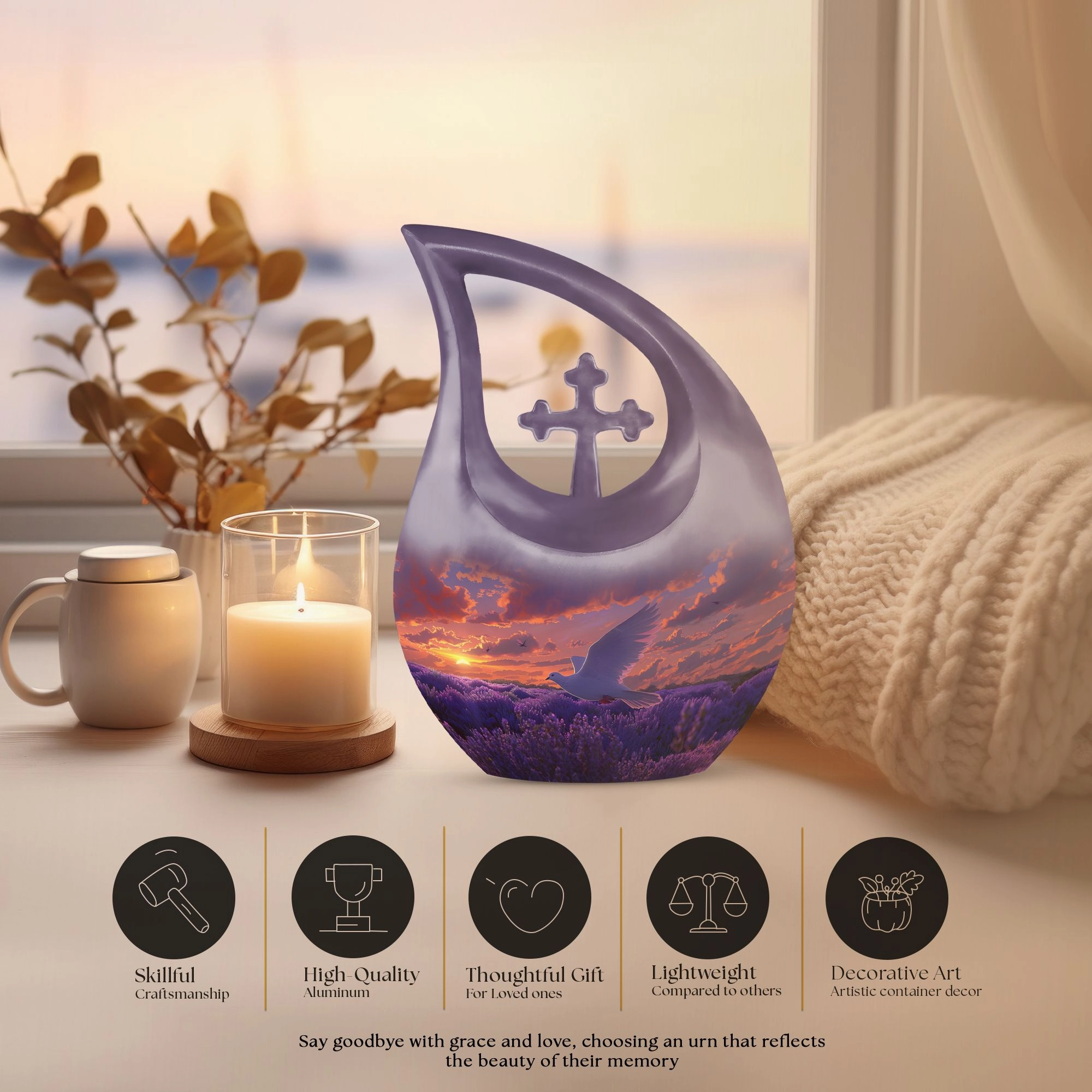 White Dove On Purple Embrace, Angelic Memorial Urn For Ashes