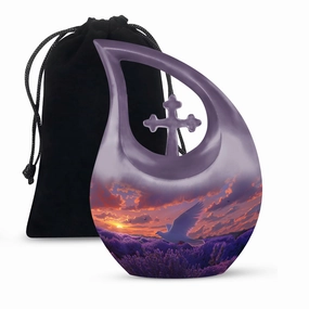 White Dove On Purple Embrace, Angelic Memorial Urn For Ashes