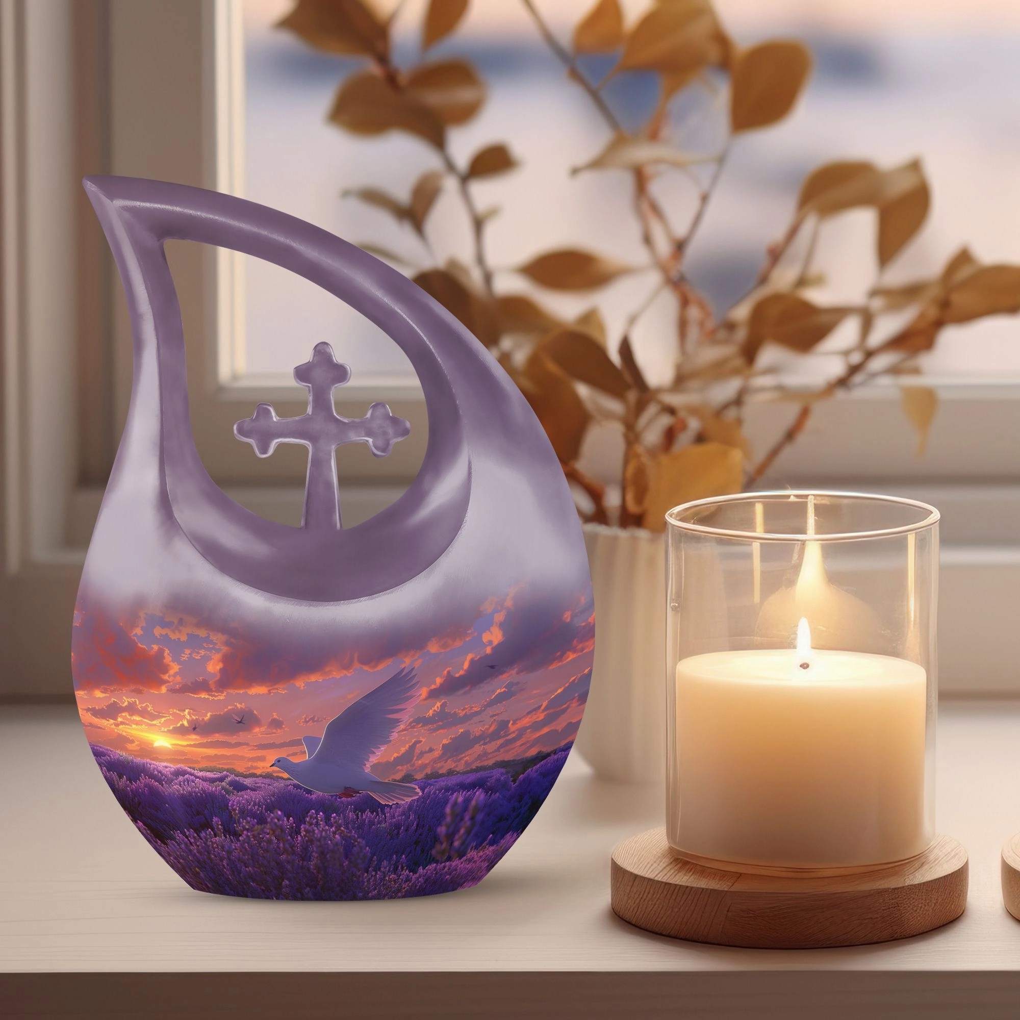 White Dove On Purple Embrace, Angelic Memorial Urn For Ashes