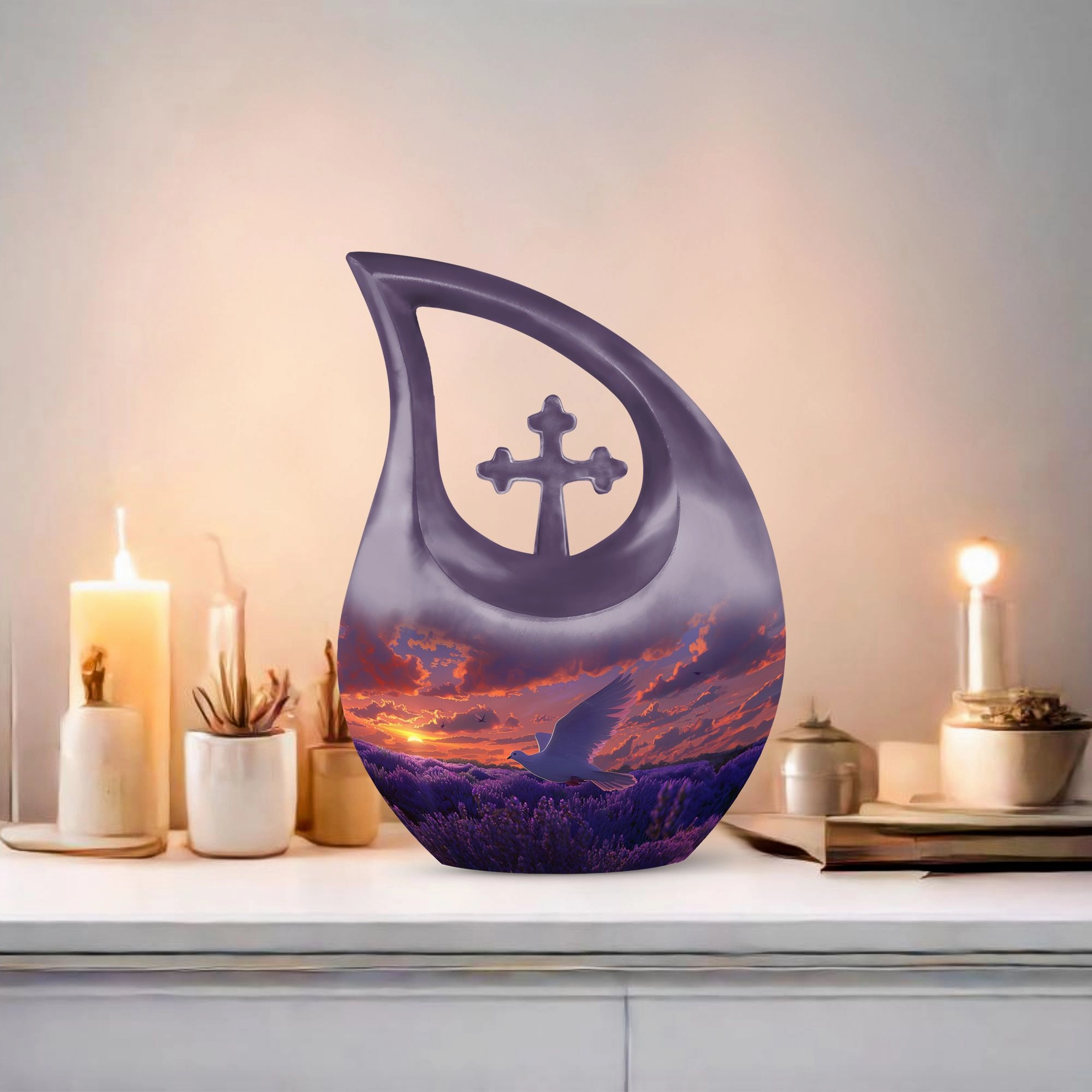 White Dove On Purple Embrace, Angelic Memorial Urn For Ashes
